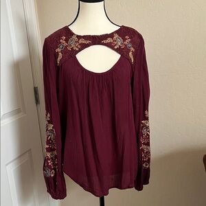 Chic Burgundy Embroidered Women's Blouse